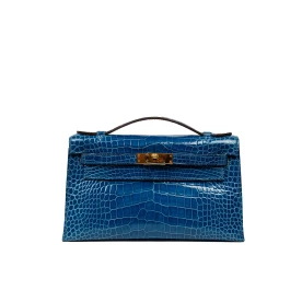 Preowned Kelly Pochette Blue Myconos Alligator Shiny